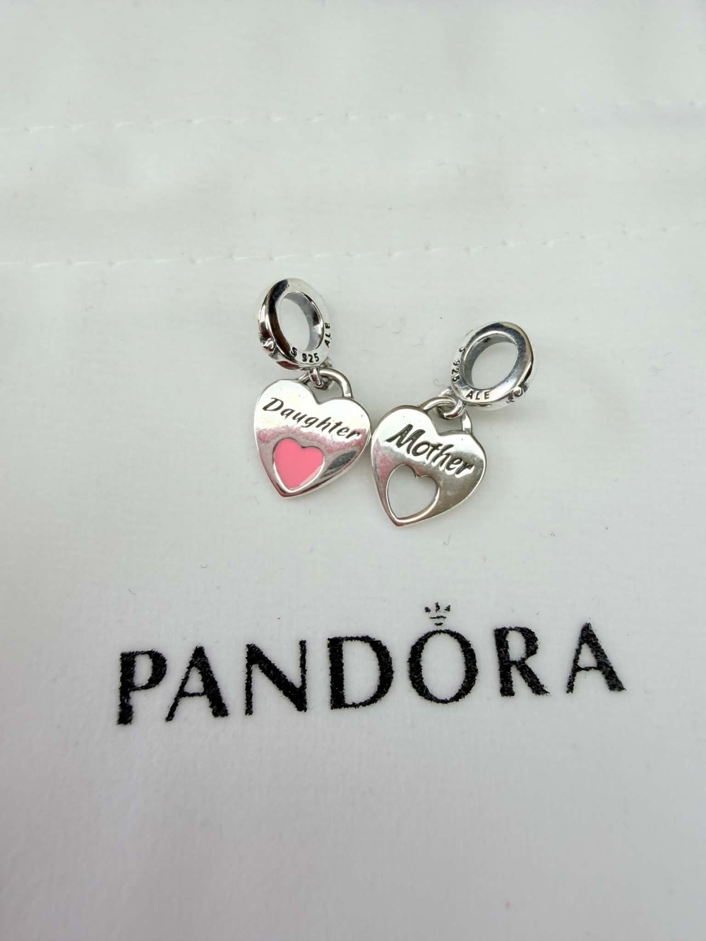 Pandora Silver 'Mother' and 'Daughter' Heart Dangle Charms - Pink Accent
